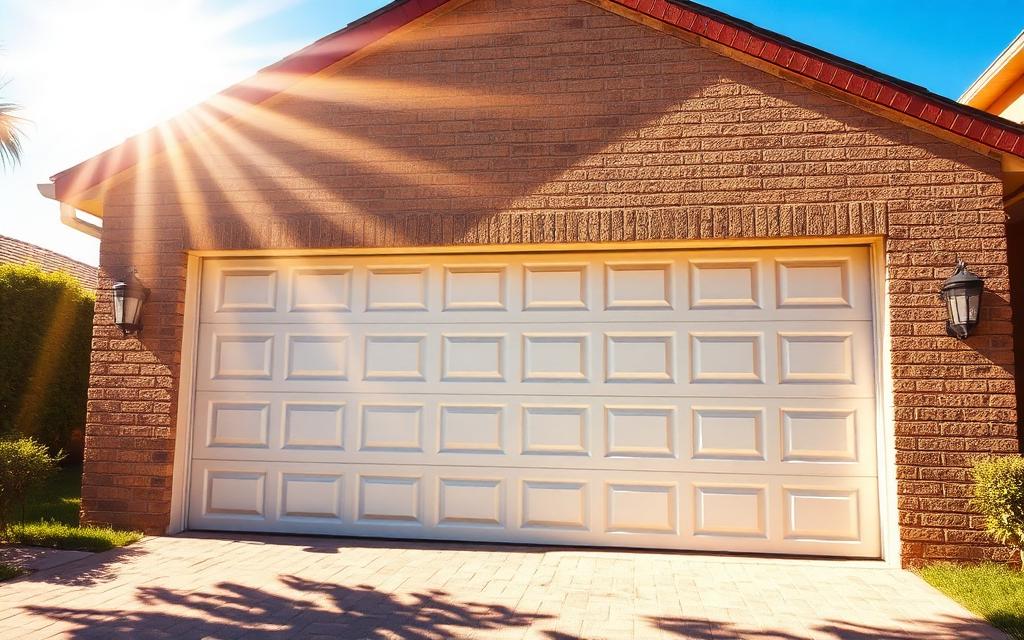 Garage door on a sunny Florida home with palm trees in the background