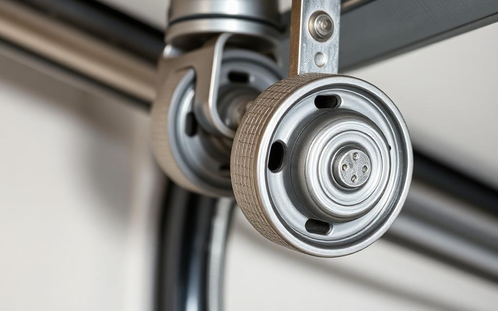 Professional technician replacing garage door rollers on a residential garage