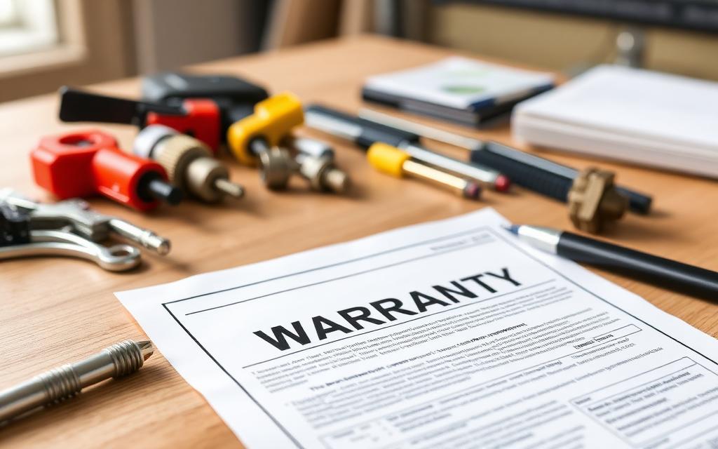 Warranty document and garage door installation paperwork on a desk